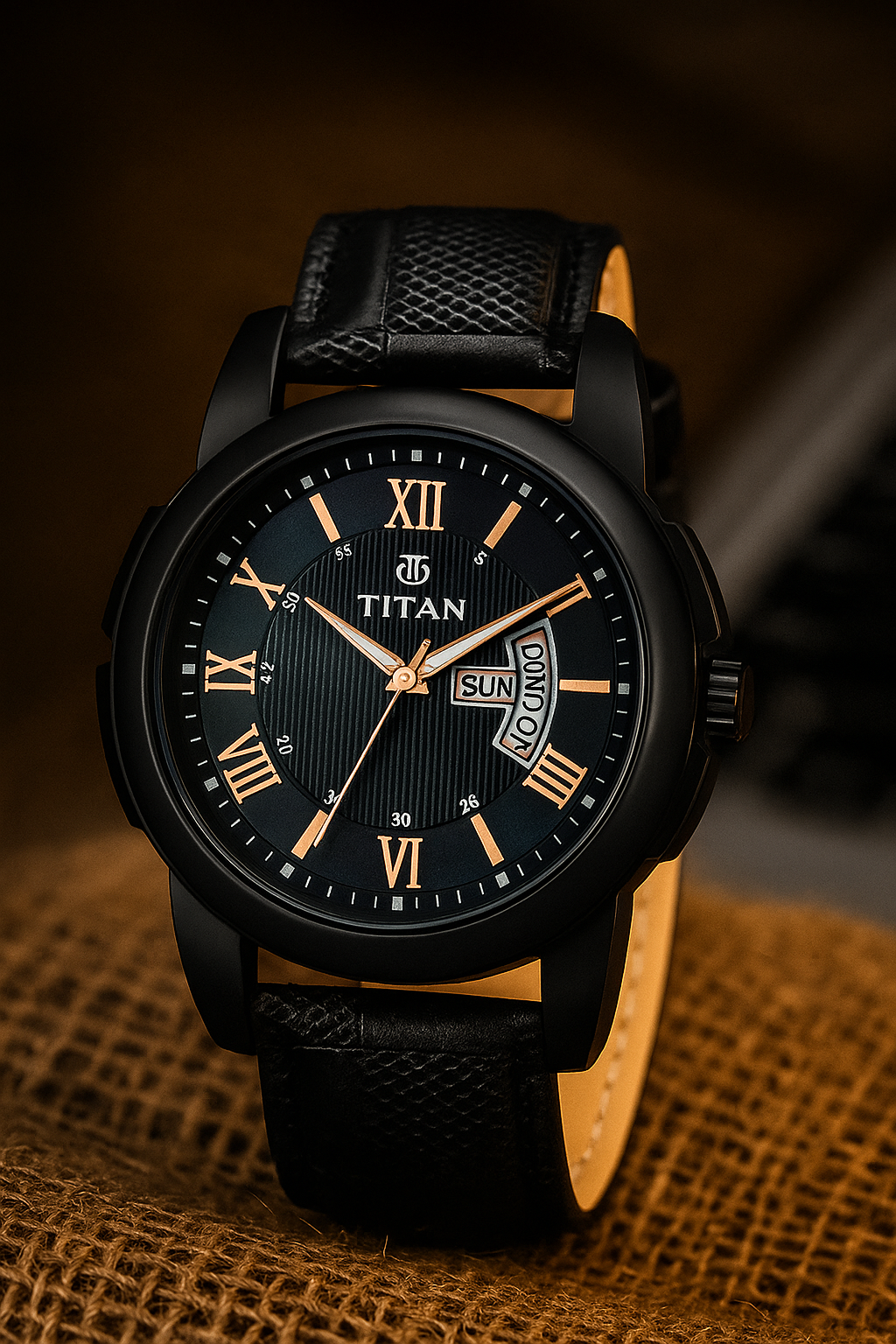 Titan Day-Date Black Leather Watch