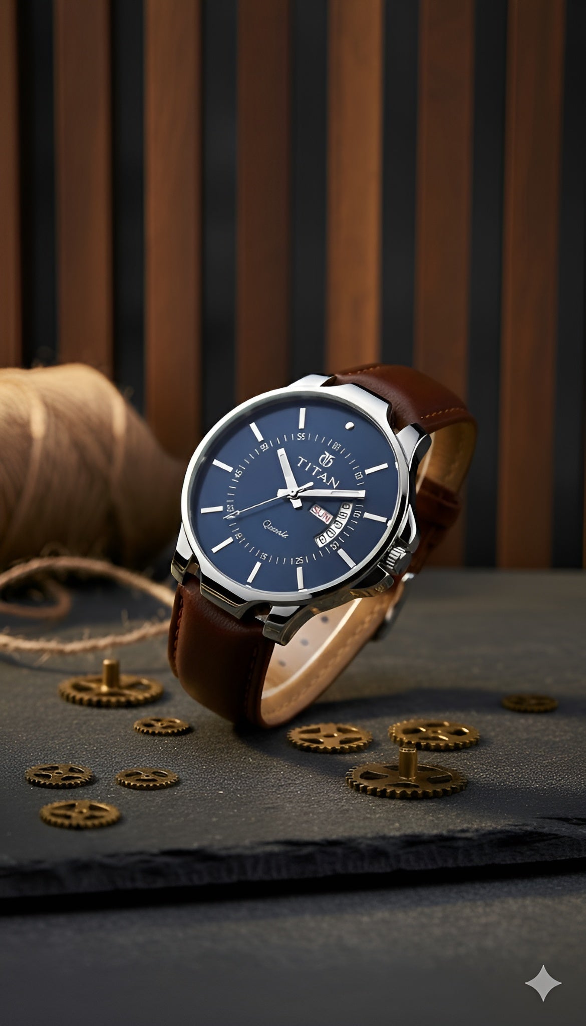 Titan Quartz Analog with Day and Date Blue Dial Leather Strap Watch for Men