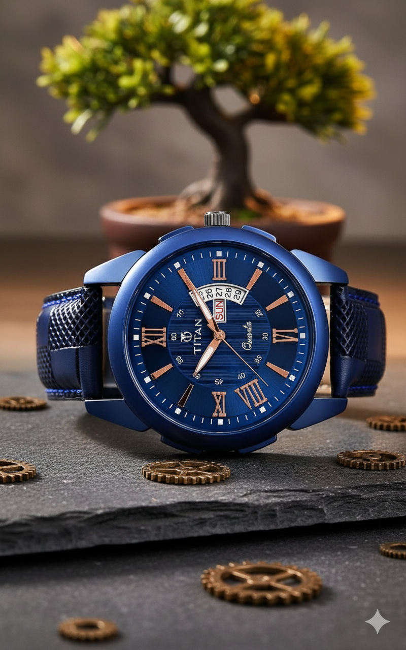 Titan Day-Date Blue Leather Watch