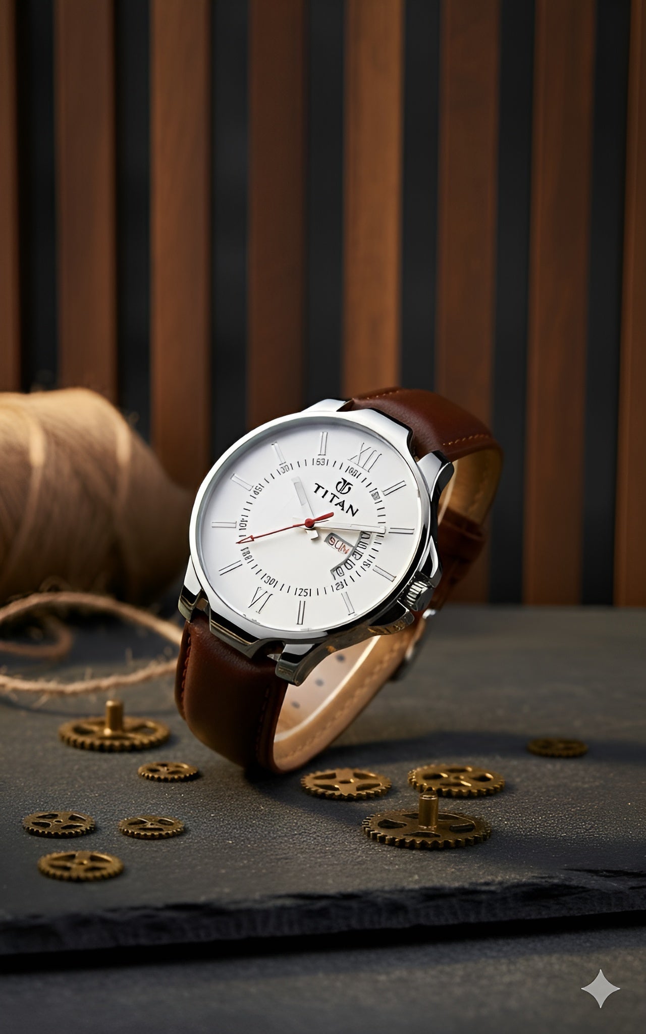 Titan Quartz Analog with Day and Date White Dial Leather Strap Watch for Men
