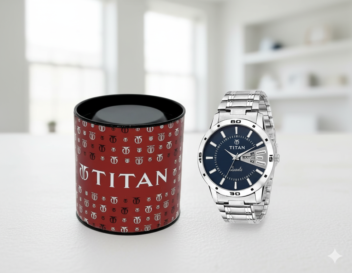 Titan Quartz Analog with Day and Date Blue Dial Stainless Steel Strap Men's Watch