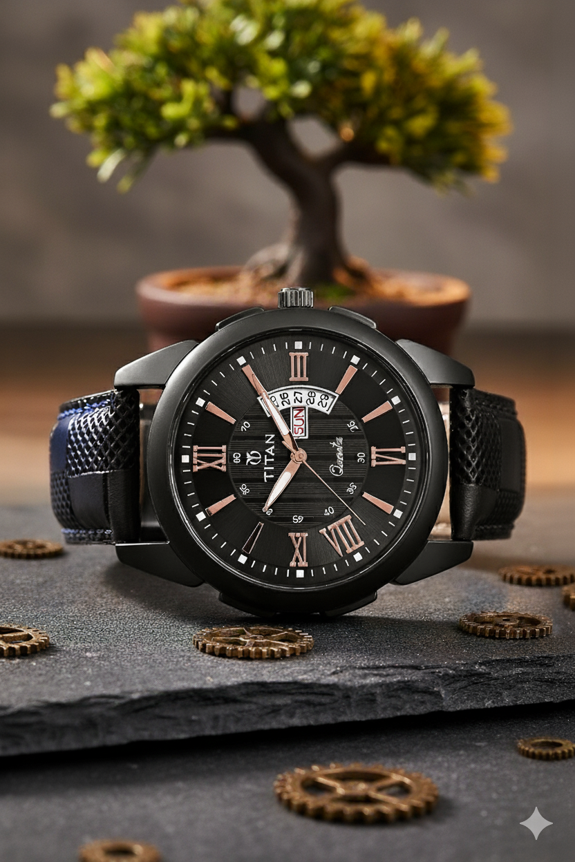 Titan Day-Date Black Leather Watch