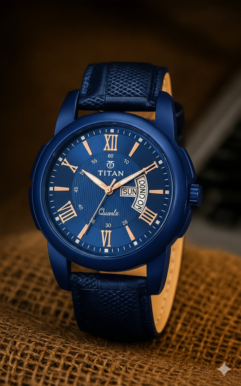 Titan Day-Date Blue Leather Watch