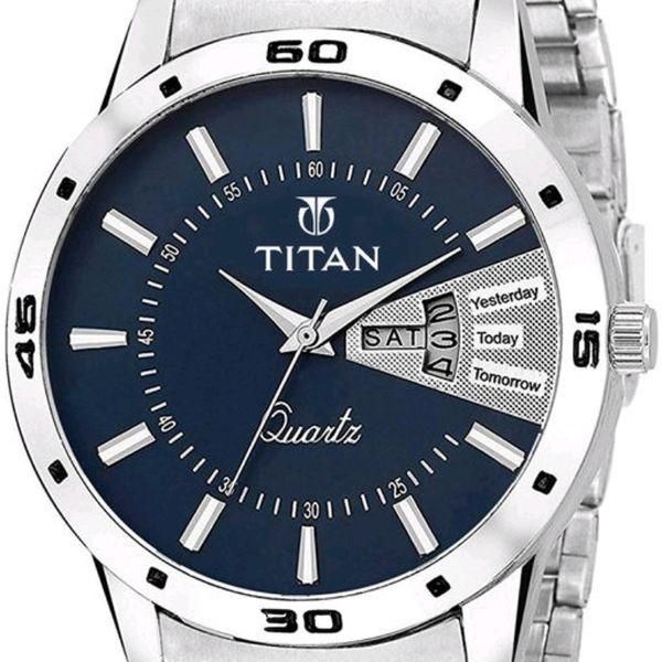 Titan Quartz Analog with Day and Date Blue Dial Stainless Steel Strap Men's Watch