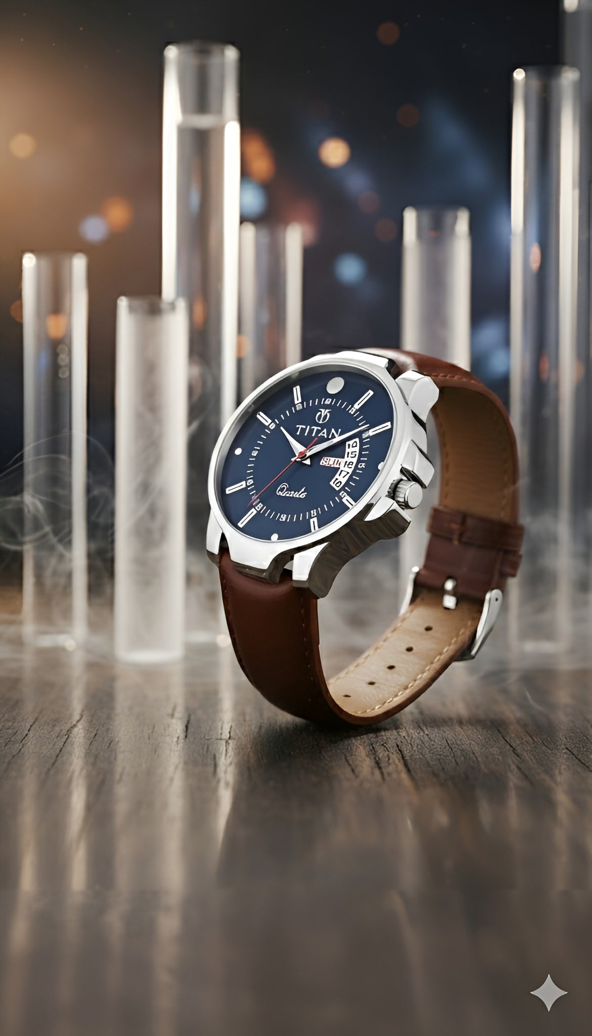 Titan Quartz Analog with Day and Date Blue Dial Leather Strap Watch for Men