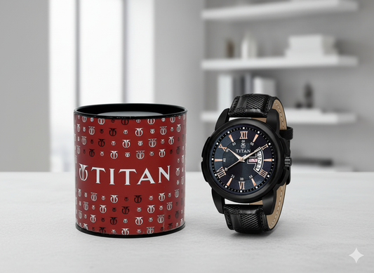 Titan Day-Date Black Leather Watch