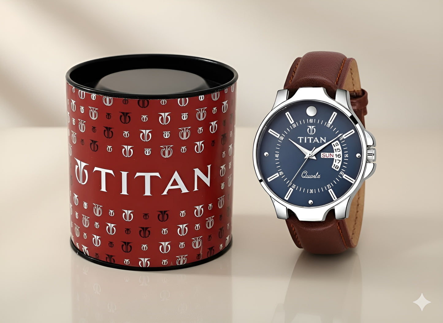 Titan Quartz Analog with Day and Date Blue Dial Leather Strap Watch for Men
