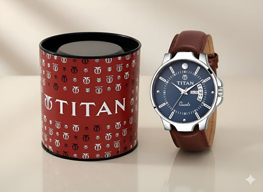 Titan Quartz Analog with Day and Date Blue Dial Leather Strap Watch for Men