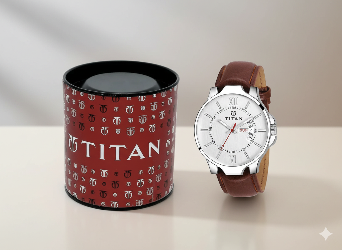 Titan Quartz Analog with Day and Date White Dial Leather Strap Watch for Men